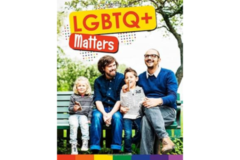 Photo-style book cover titled “LGBTQ+ Matters,” showing three adults and a child sitting on a park bench with a rainbow banner along the bottom