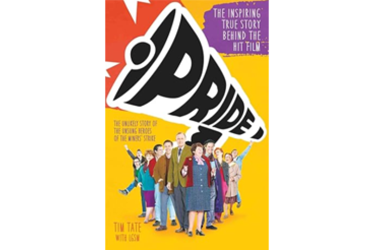 Illustrated book cover titled “Pride,” featuring a large megaphone and a group of people standing together on a bright yellow background