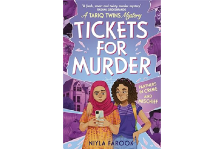 Illustrated book cover titled “Tickets for Murder” by Niyla Farook, showing two girls with a phone and suitcase against a purple mystery-themed background