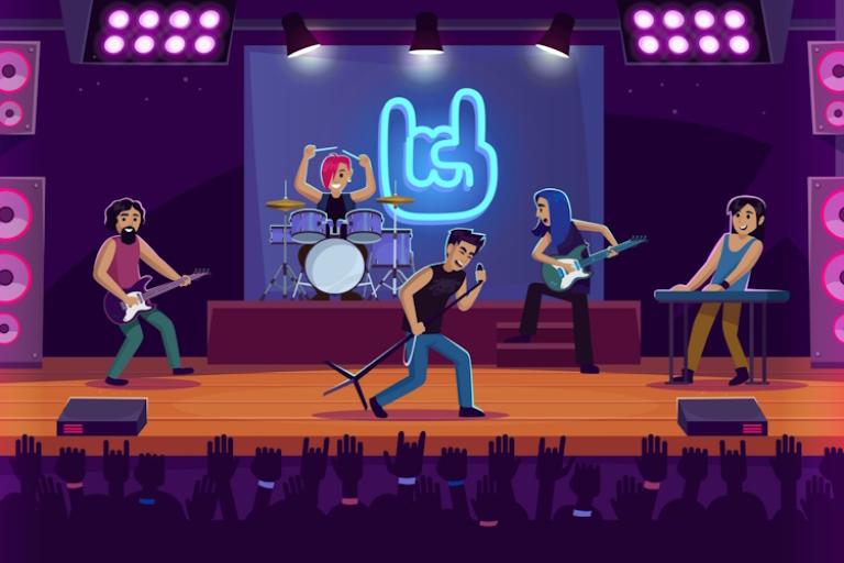 An illustration of a rock band performing on stage.