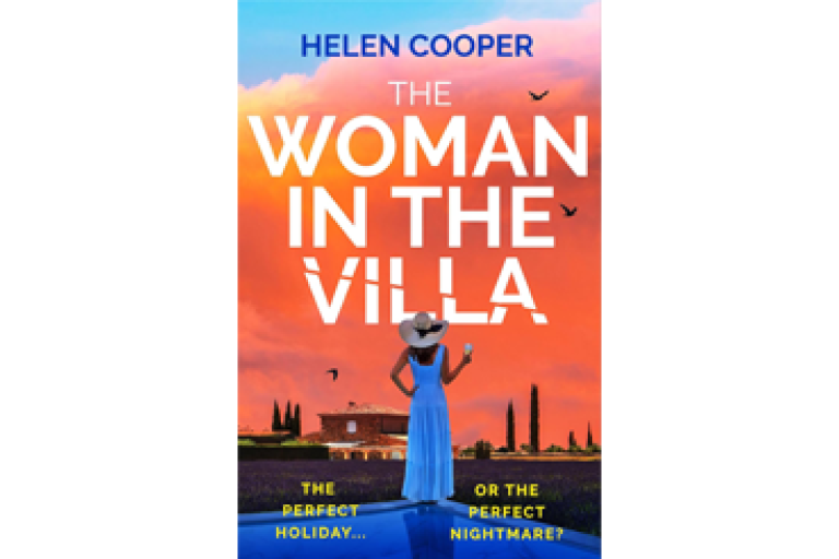 Book cover with back profile of woman in summer dress and hat holding a drink