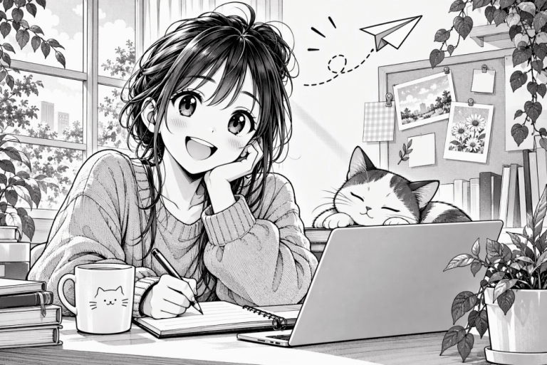 Manga style illustration of a young femal writing in a notebook at a desk with a laptop, a sleeping cat and houseplants nearby.