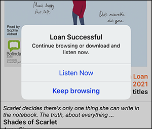 Loan successful banner with Listen Now and Keep browsing options