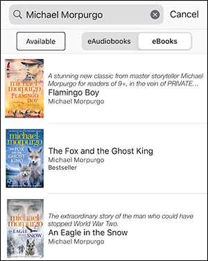 Searching for Michael Morpurgo in the BorrowBox app