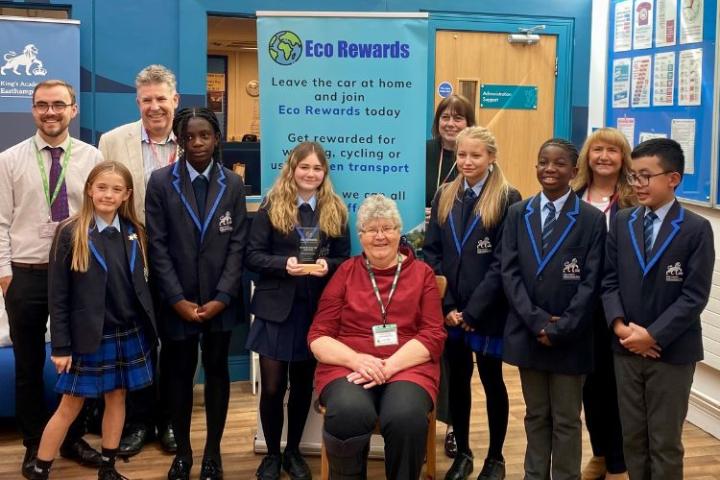 Students and teachers from KGA school receiving award from Cllr Mary Temperton