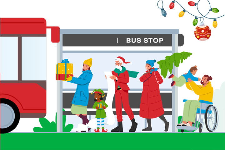 People dressed up warm getting onto a bus