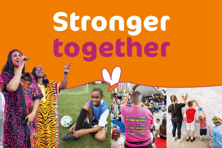 Image with text saying stronger together on an orange background