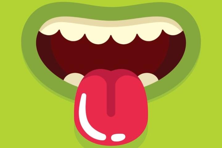 Green cartoon mouth open with white teeth and red tongue sticking out