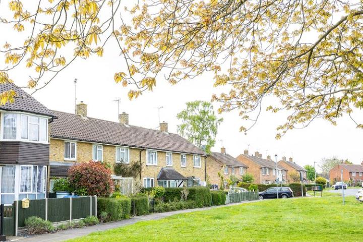 Row of houses with a big green area at the front with trees