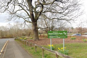 The entrance of Westmorland park. There is a green sign with the park name and council logo on it, beside a large tree and green grass. There are daffodils in the grass.