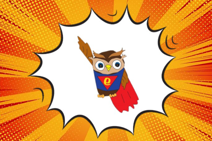 A cartoon owl dressed in a superhero costume, complete with cape, flies across a brightly coloured comic book style background.