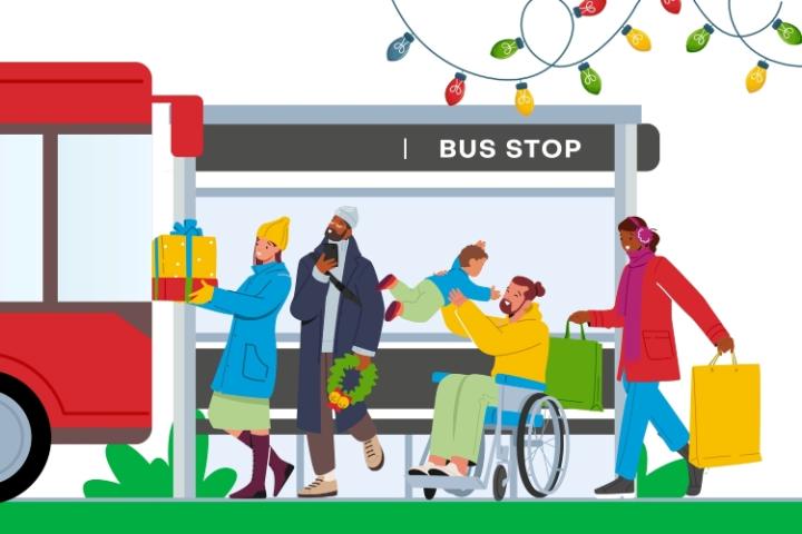 illustration of people queuing for a bus. Decorative Christmas lights in top right corner of image.
