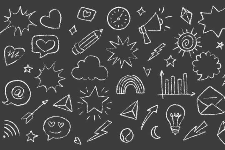 A graphic of a chalkboard with various drawings including hearts, rainbows, clouds, speech bubbles, graphs and smiley faces