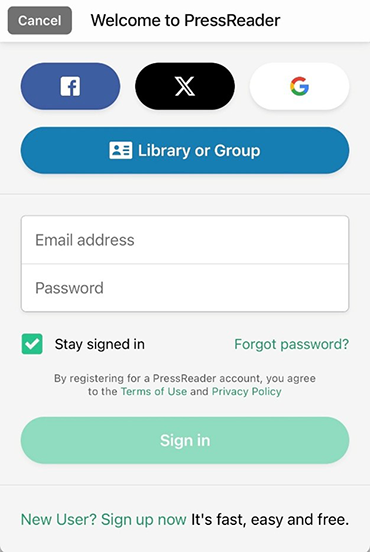 PressReader welcome screen with social sign‑in options, email and password fields, and a Sign in button
