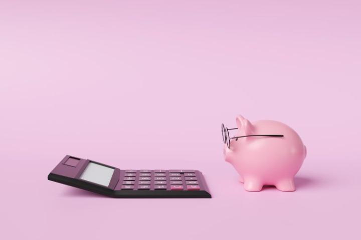a pink piggy bank wearing glasses looking at a calculator