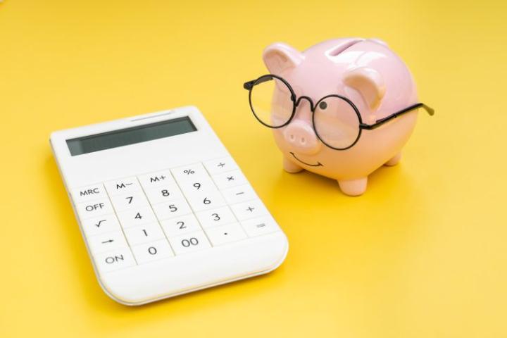 Piggy bank with glasses and a calculator