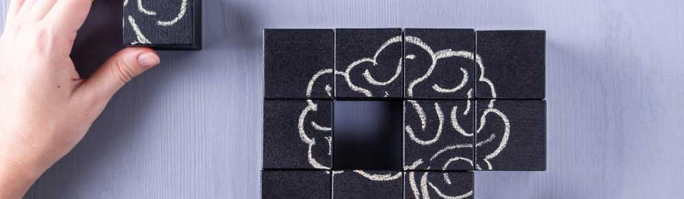 Almost complete wooden block puzzle with white chalk image of brain
