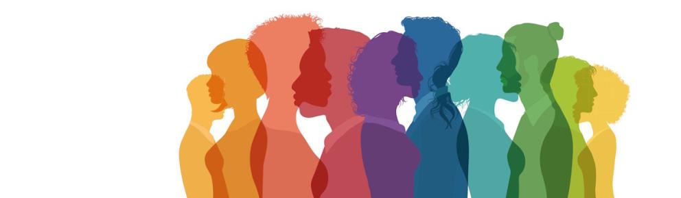 Rainbow coloured silhouettes of a diverse range of people