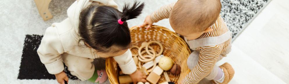Ariel view of toddlers around a weaved basket with toys