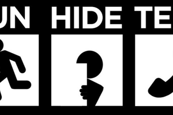 Black and white reminder showing a person running, hiding and a phone icon to represent tell
