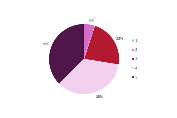 Pie chart showing how good an opportunity the summit was to give a chance to contribute. 1 is not at all and 5 is very much. Percentages 5 = 38%, 4 = 35%, 3 = 22%, 2 = 5%