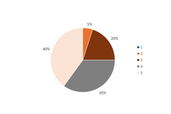 Pie chart showing how useful and engaging the keynote speech was. In percentages where 1 is not at all and 5 is very much. 5 = 40%, 4 = 35%, 3 = 20%, 2 = 5%