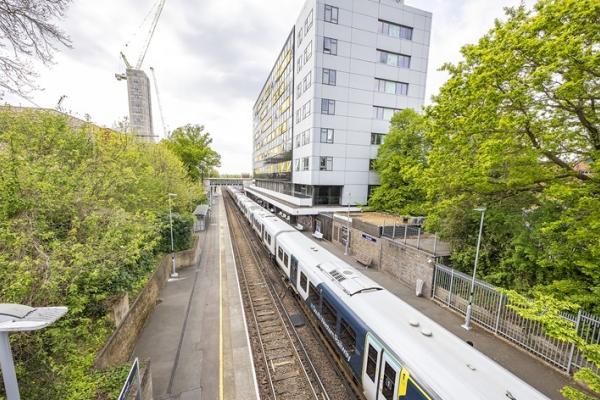 Ariel view of train arriving at Bracknell station