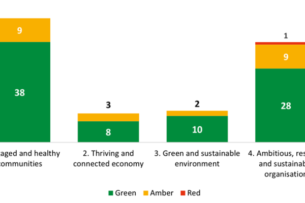 Priority 1: mostly Green with some Amber. Priorities 2 and 3: smaller totals with mainly Green and some Amber. Priority 4: mostly Green, some Amber, and one Red.