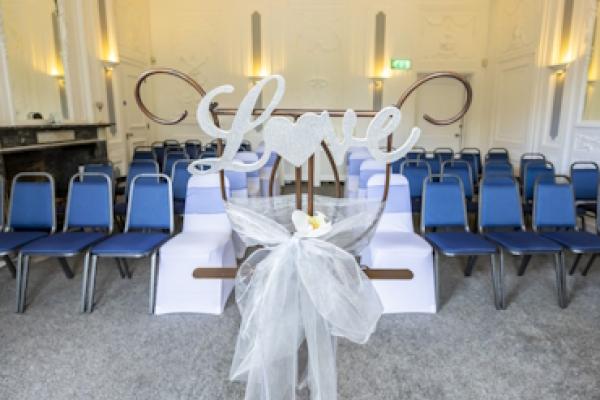 The view from the front of the Haversham Room. In the centre is a decoration that says "Love".