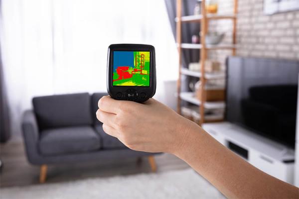 Arm shown holding a thermal imaging camera in a lounge