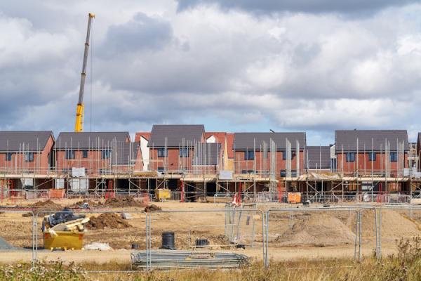 A row of detached houses being built.