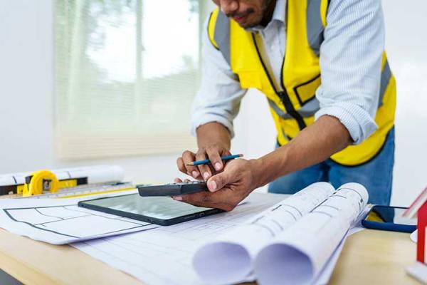 An Asian male architect with a moustache in a yellow high vis jacket works at desk with building plans holding a calculator