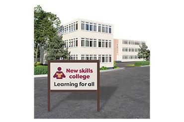 Modern college building with sign reading 'New skills college Learning for all'.