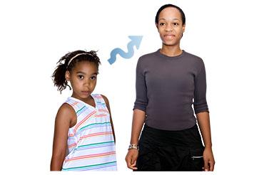 A young girl and an older woman standing side by side with an arrow between them.