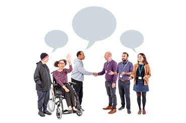 A diverse group of people interacting with speech bubbles overhead.