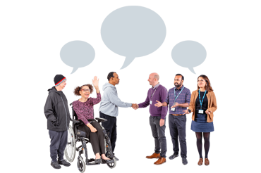 A diverse group of people interacting with speech bubbles overhead.