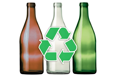 Three glass bottles in brown, clear, and green with a recycling symbol overlaid.