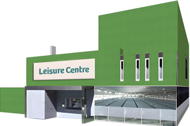 A modern green leisure centre building with a visible indoor swimming pool.