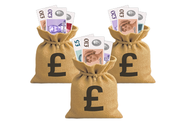 Three burlap sacks filled with British pound sterling banknotes.