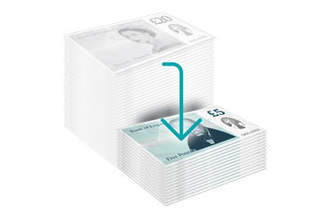 Stacks of £20 and £5 British banknotes with a downward arrow.
