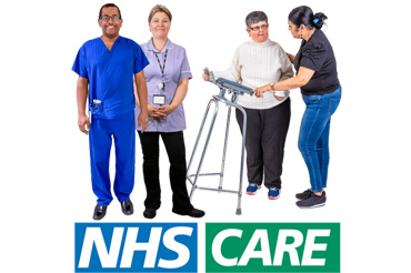 Group of healthcare professionals assisting an elderly woman with a walker. Logo NHS CARE underneath.
