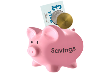 Pink piggy bank labeled 'Savings' with a five-pound note and a fifty pence coin.