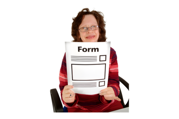 Person smiling, holding a piece of paper that says "Form"