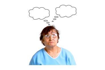 Person looking up with graphic thinking bubbles above them