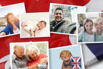 Photos of old people, young people a baby and a dog on a red background
